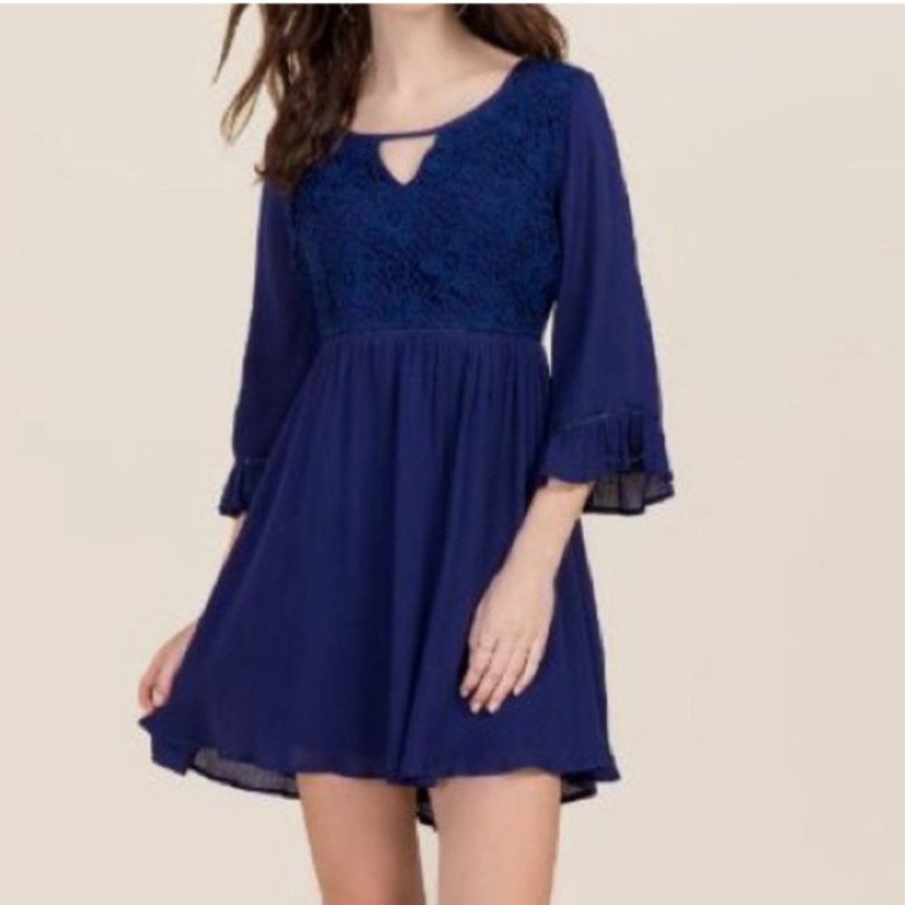 Mi Ami Bell Sleeve Navy Dress with crochet details fully lined